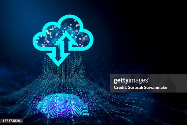 3d technology illustration fingerprint scanner with cloud integrated with a printed circuit board. release binary code - streaming stockfoto's en -beelden