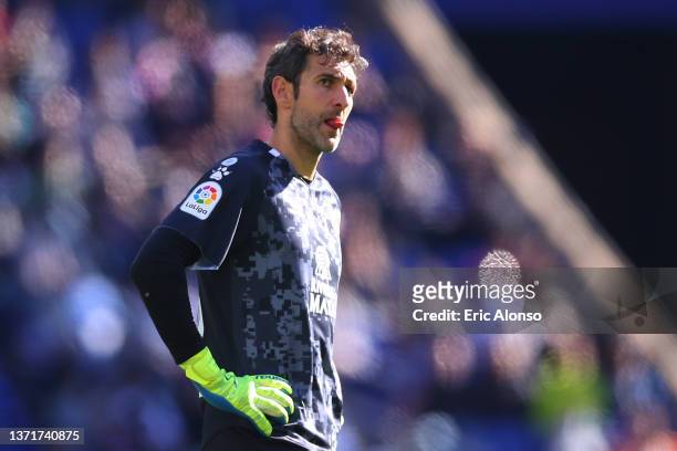 Diego Lopez of RCD Espanyol looks on during the LaLiga Santander match between RCD Espanyol and Sevilla FC at RCDE Stadium on February 20, 2022 in...