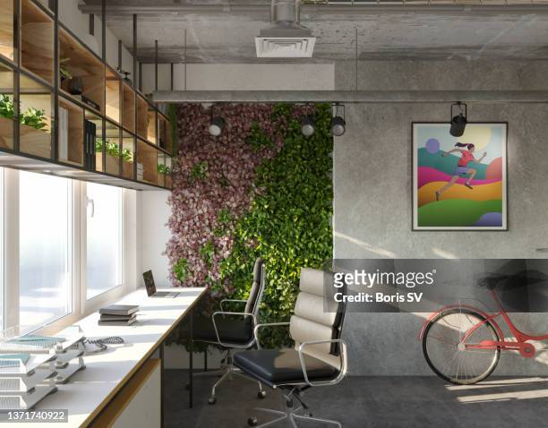 home office with vertical garden - wand grün stock-fotos und bilder