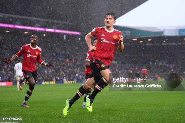 Harry Maguire of Manchester United celebrates after scoring their team's first goal during the Premier League match between Leeds United and...