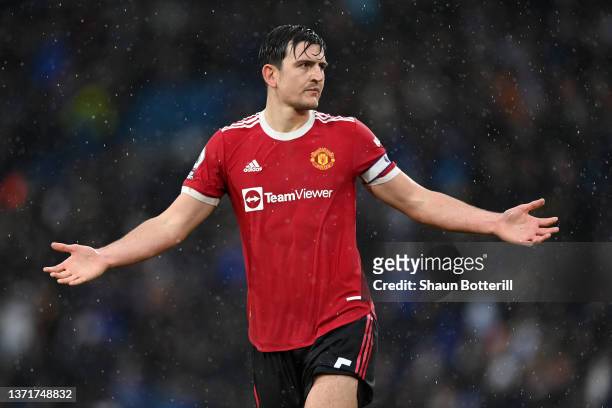 Harry Maguire of Manchester United reacts during the Premier League match between Leeds United and Manchester United at Elland Road on February 20,...