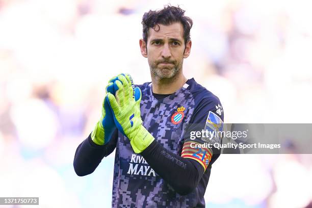 Diego Lopez of RCD Espanyol acknowledges the fan at the end of the LaLiga Santander match between RCD Espanyol and Sevilla FC at RCDE Stadium on...