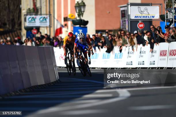 Tim Wellens of Belgium and Team Lotto Soudal Yellow Leader Jersey, Thibaut Pinot of France and Team Groupama - FDJ and Alexis Vuillermoz of France...