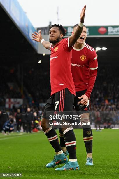 Fred of Manchester United celebrates after scoring their side's third goal during the Premier League match between Leeds United and Manchester United...