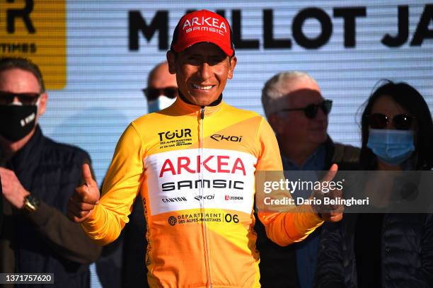 Nairo Alexander Quintana Rojas of Colombia and Team Arkéa - Samsic celebrates at podium as Yellow Leader Jersey winner during the 54th Tour Des Alpes...