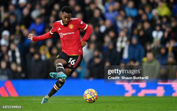 Anthony Elanga of Manchester United scores their team's fourth goal during the Premier League match between Leeds United and Manchester United at...