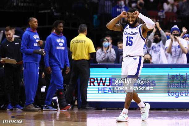 Jamir Harris of the Seton Hall Pirates celebrates their 66-64 win over the DePaul Blue Demons during a game at Prudential Center on February 19, 2022...