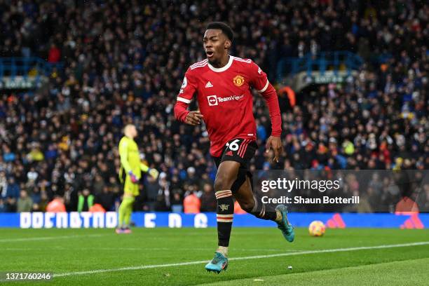 Anthony Elanga of Manchester United celebrates after scoring their side's fourth goal during the Premier League match between Leeds United and...