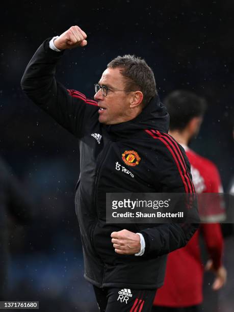 Ralf Rangnick, Manager of Manchester United celebrates after victory in the Premier League match between Leeds United and Manchester United at Elland...