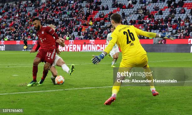 Eric Maxim Choupo-Moting of FC Bayern Muenchen scores their team's fourth goal past Andreas Linde of SpVgg Greuther Fuerth uring the Bundesliga match...