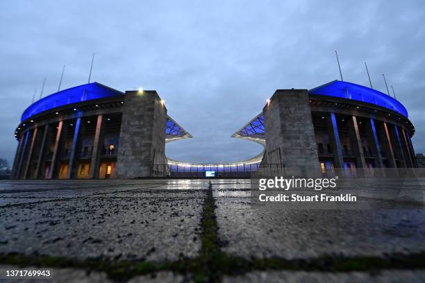 General view outside the stadium prior to the Bundesliga match between Hertha BSC and RB Leipzig at Olympiastadion on February 20, 2022 in Berlin,...