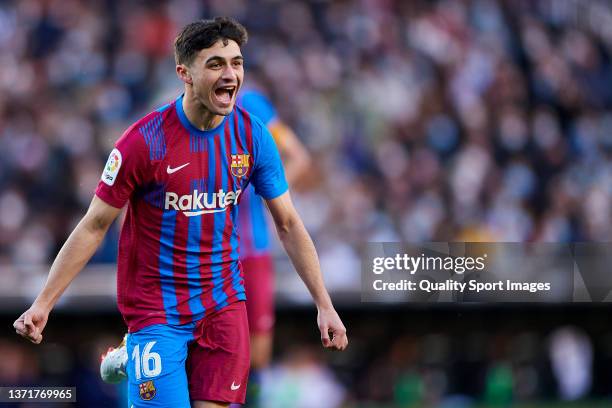 Pedro Gonzalez Lopez "Pedri" of FC Barcelona celebrates after scoring his team's fourth goal during the La Liga Santander match between Valencia CF...