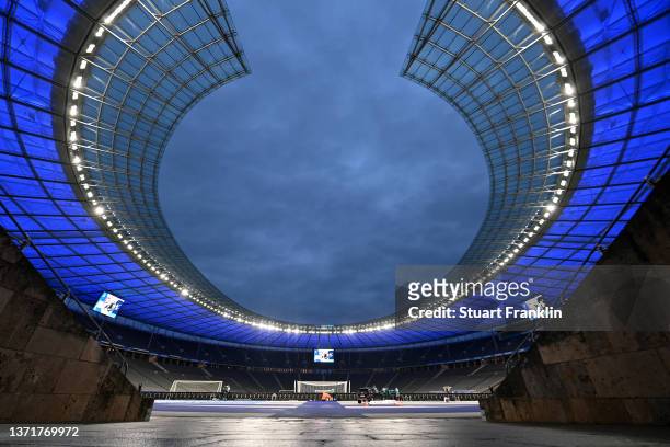 General view inside the stadium prior to the Bundesliga match between Hertha BSC and RB Leipzig at Olympiastadion on February 20, 2022 in Berlin,...