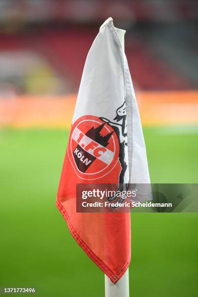 The corner flag during the Bundesliga match between 1. FC Köln and Eintracht Frankfurt at RheinEnergieStadion on February 19, 2022 in Cologne,...