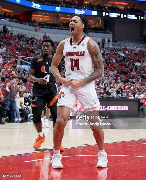 Dre Davis of the Louisville Cardinals against the Miami Hurricanes at KFC YUM! Center on February 16, 2022 in Louisville, Kentucky.