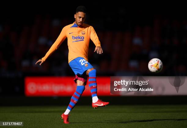 Pierre-Emerick Aubameyang of FC Barcelona warms up prior to the LaLiga Santander match between Valencia CF and FC Barcelona at Estadio Mestalla on...