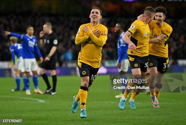 Daniel Podence of Wolverhampton Wanderers celebrates after scoring their team's second goal during the Premier League match between Wolverhampton...