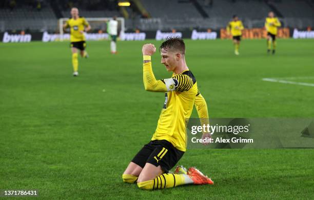 Marco Reus of Borussia Dortmund celebrates after scoring their team's fifth goal during the Bundesliga match between Borussia Dortmund and Borussia...