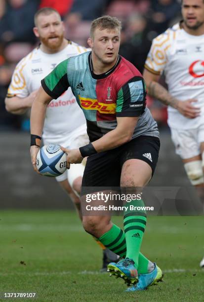 Jack Walker of Harlequins in action during the Gallagher Premiership Rugby match between Harlequins and Wasps at Twickenham Stoop on February 19,...