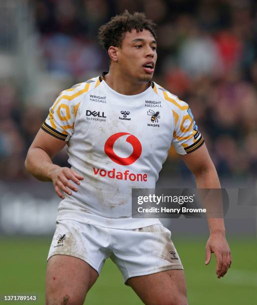 Gabriel Oghre of Wasps during the Gallagher Premiership Rugby match between Harlequins and Wasps at Twickenham Stoop on February 19, 2022 in London,...