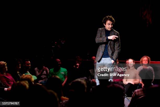 GroenLinks party leader Jesse Klaver is seen on stage in Het Paard speaking to a crowd during the kick-off of the campaign for the municipal...