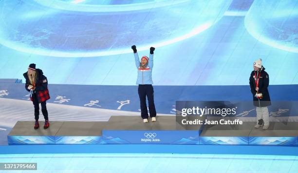 Gold medallist Therese Johaug of Team Norway , Silver medallist Jessie Diggins of Team United States and Bronze medallist Kerttu Niskanen of Team...