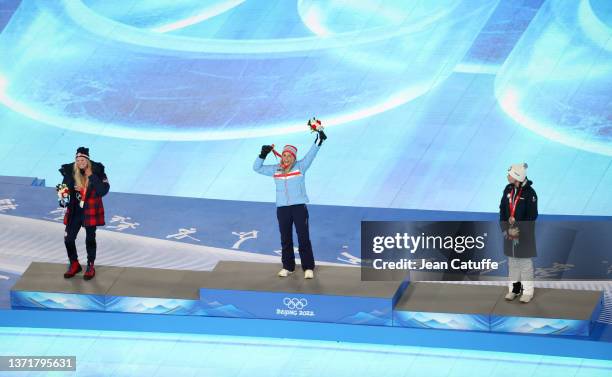 Gold medallist Therese Johaug of Team Norway , Silver medallist Jessie Diggins of Team United States and Bronze medallist Kerttu Niskanen of Team...