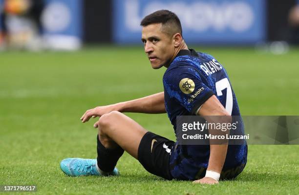 Alexis Sanchez of FC Internazionale looks on during the Serie A match between FC Internazionale and US Sassuolo at Stadio Giuseppe Meazza on February...