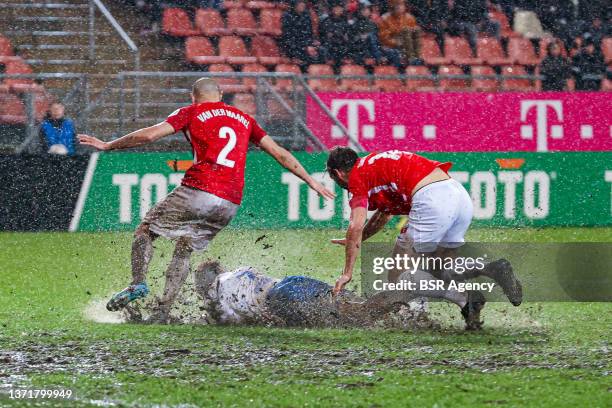 Mark van der Maarel of FC Utrecht potentially causing a penalty during the Dutch Eredivisie match between FC Utrecht and Vitesse at Galgenwaard on...