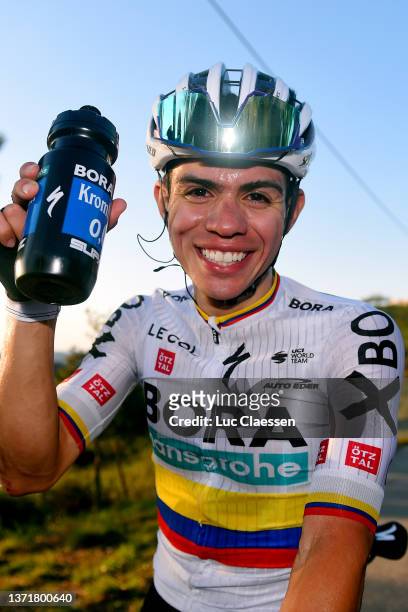 Sergio Andres Higuita Garcia of Colombia and Team Bora - Hansgrohe celebrates winning during the 48th Volta Ao Algarve 2022 - Stage 5 a 173km stage...