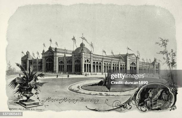 victorian american architecture, mines and mining building of chicago world's fair, 1893, 19th century - chicago world's fair stock illustrations