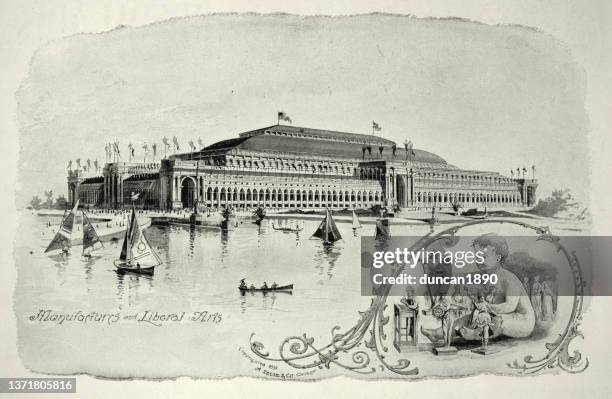 american architecture, manufactures and liberal arts building of chicago world's fair, 1893, 19th century - chicago world's fair stock illustrations