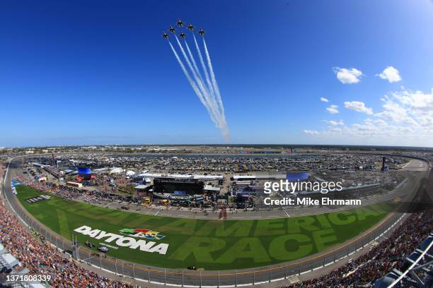 The U.S. Air Force Thunderbirds perform a flyover prior to the NASCAR Cup Series 64th Annual Daytona 500 at Daytona International Speedway on...