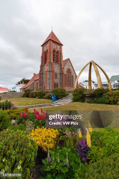 Christ Church Cathedral and the Whalebone Arch in Stanley, the capital of the Falkland Islands. Stanley, Falkland Islands..