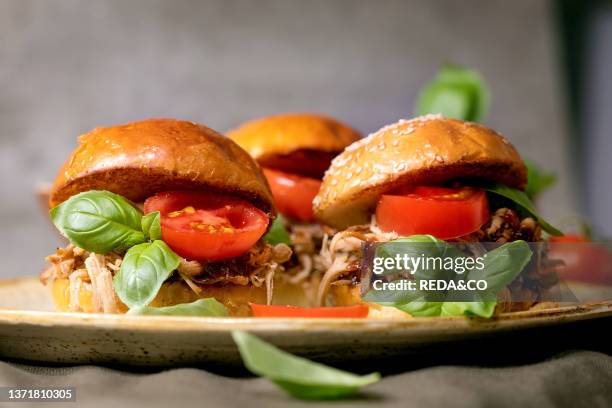 Set of homemade mini burgers with stew beef, tomatoes and basil on ceramic plate standing on linen table cloth with ingredients around, Modern...