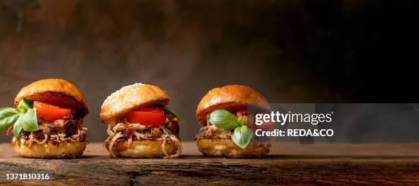 Set of homemade mini burgers in row with stew beef, tomatoes and basil on wooden background, Modern delicious fast food, Banner size, copy space.