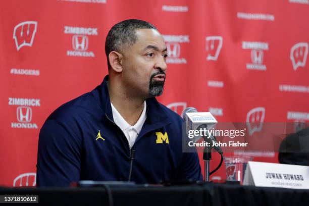 Michigan Wolverine Head Coach Juwan Howard speaks to the media about the fight after the game against the Wisconsin Badgers at Kohl Center on...