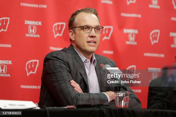 Wisconsin Badgers Athletic Director Chris McIntosh speaks to the media after the game about the fight against the Michigan Wolverines at Kohl Center...