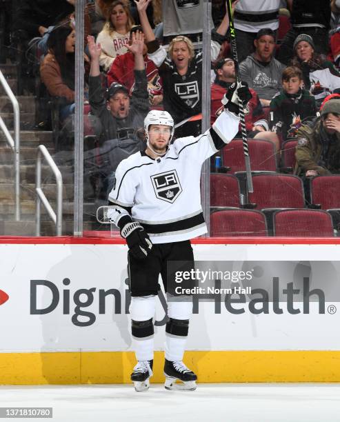 Adrian Kempe of the Los Angeles Kings celebrates a goal against the Arizona Coyotes at Gila River Arena on February 19, 2022 in Glendale, Arizona.