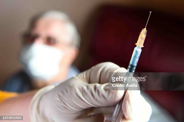 Aumale on January 9, 2021: vaccination campaign against COVID 19 for nursing home residents, first phase priority group. Vaccination of volunteer...