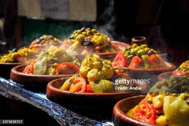 Vegetable tagines on a stand in Essaouira, Morocco.