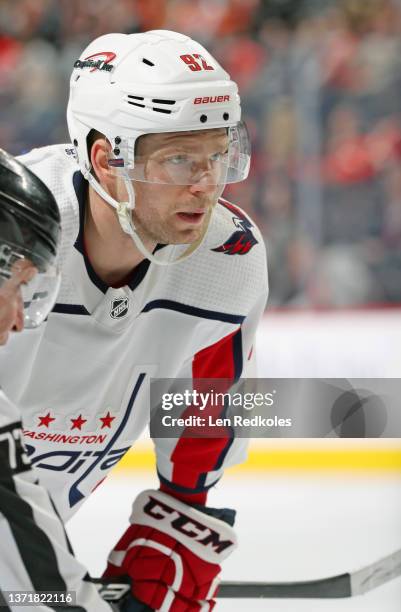Evgeny Kuznetsov of the Washington Capitals looks on prior to a face-off against the Philadelphia Flyers at the Wells Fargo Center on February 17,...