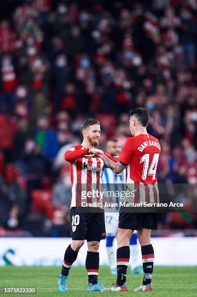 Iker Muniain of Athletic Club and Dani Garcia celebrates after wining the match during the LaLiga Santander match between Athletic Club and Real...