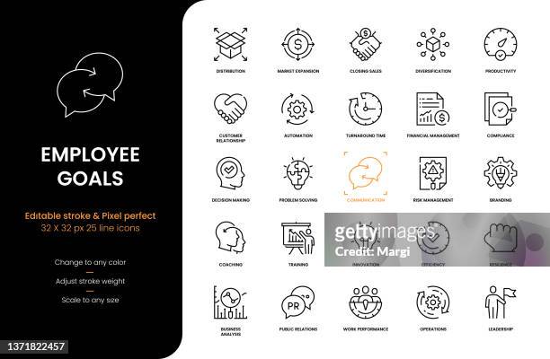 liniensymbole für mitarbeiterziele - kundenbeziehungsmanagement stock-grafiken, -clipart, -cartoons und -symbole