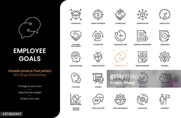 liniensymbole für mitarbeiterziele - measure stock-grafiken, -clipart, -cartoons und -symbole