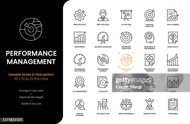 illustrazioni stock, clip art, cartoni animati e icone di tendenza di icone della linea di gestione delle prestazioni - strategia d'impresa