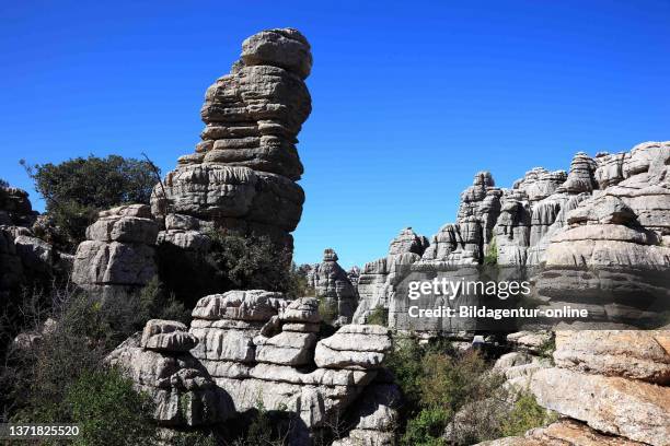 Bizarre rock formations in El Torca National Park, Paraje Natural Torcal de Antequera, El Torcal de Antequera is a nature reserve in the Sierra del...
