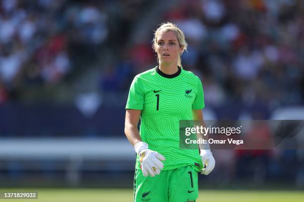 Goalkeeper Erin Nayler of New Zealand looks on during a match between New Zealand and United States as part of SheBelieves Cup 2022 at Dignity Health...