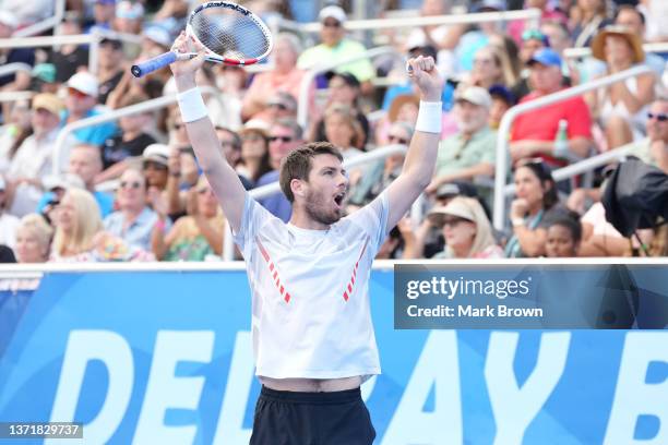 Cameron Norrie of Great Britain reacts after dispatching of Reilly Opelka of the United States in second set tiebreaker during the Finals of the...