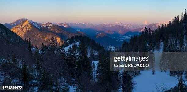 View towards Karwendel Mts. Mt. Jochberg and Mt. Benediktenwand. View from Mt. Herzogstand near lake Walchensee during winter in the bavarian Alps....